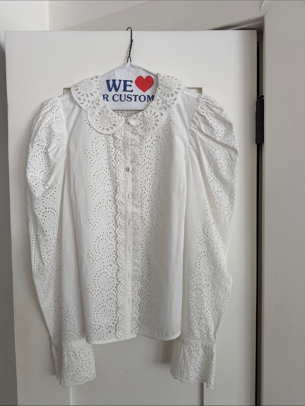 Ulla Johnson White Eyelet Puff-Sleeve Blouse with Scalloped Collar